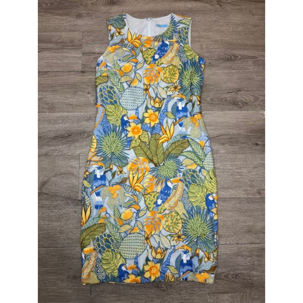 Tropical Parrot Embroidered Sheath Dress Blue Green Sleeveless Women's 0
